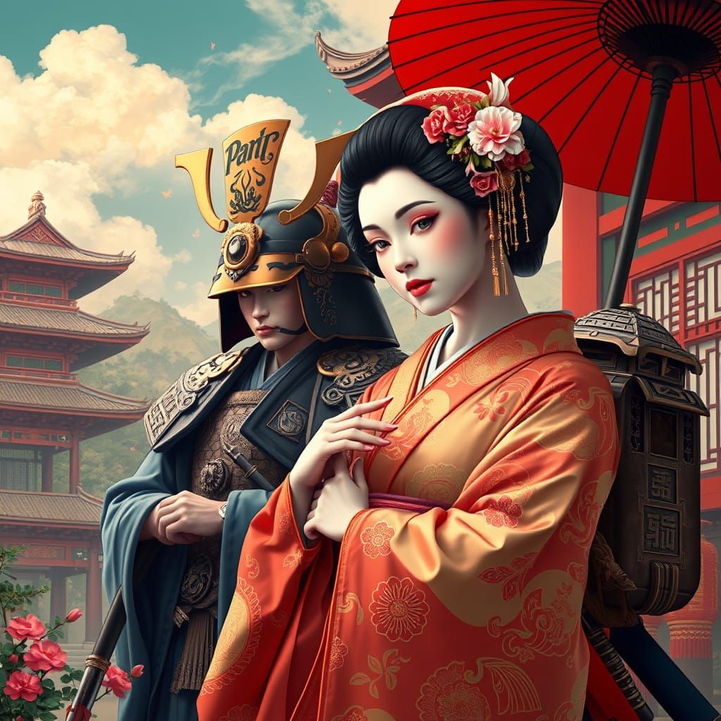 Geisha and Samurai in Asian Cultural Setting