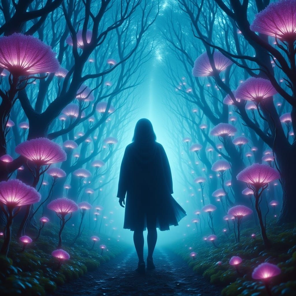 Dreamlike Bioluminescent Mistscape in Eerie Mystical Style