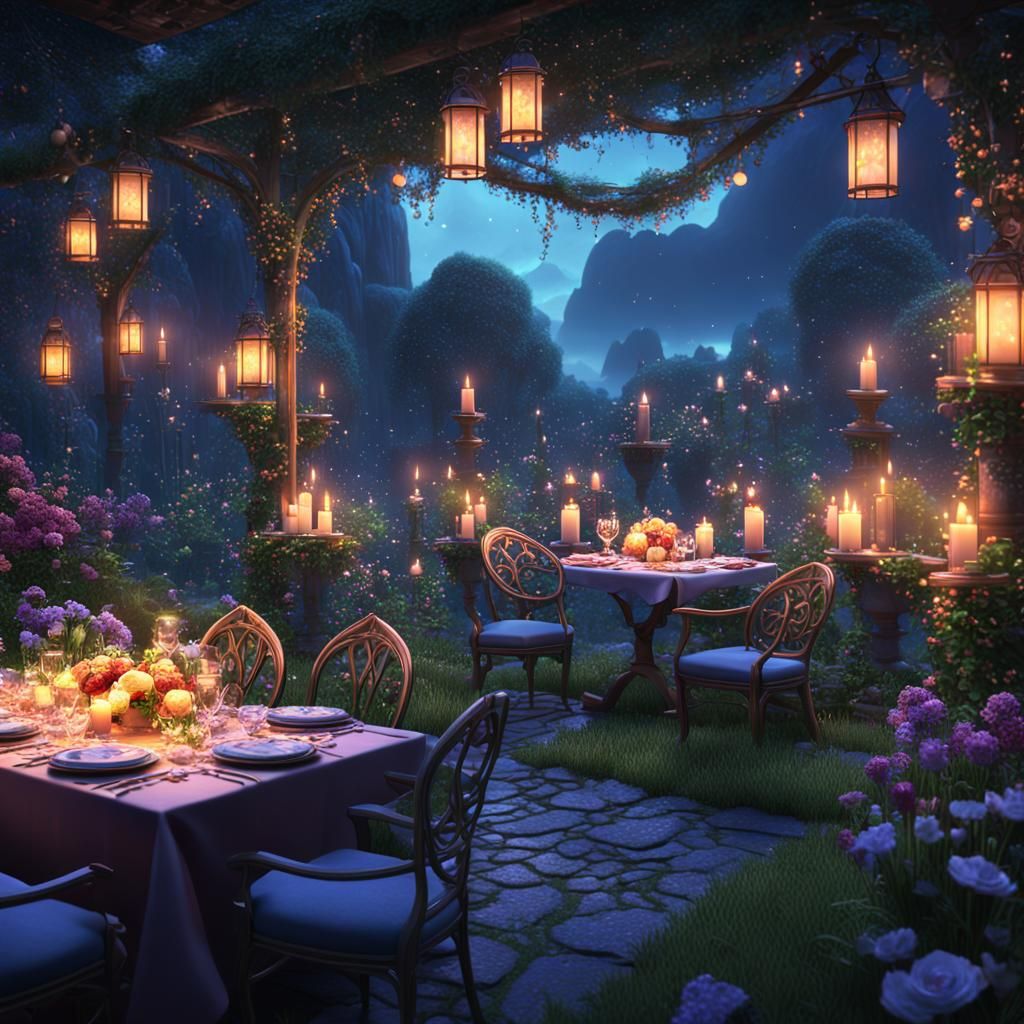 Romantic Candlelit Dinner in Moonlight Garden, Detailed Matt...