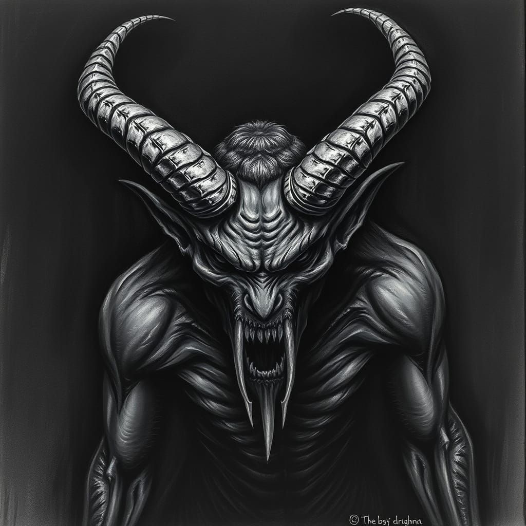 Terrifying Horned Devil in Charcoal Drawing Style