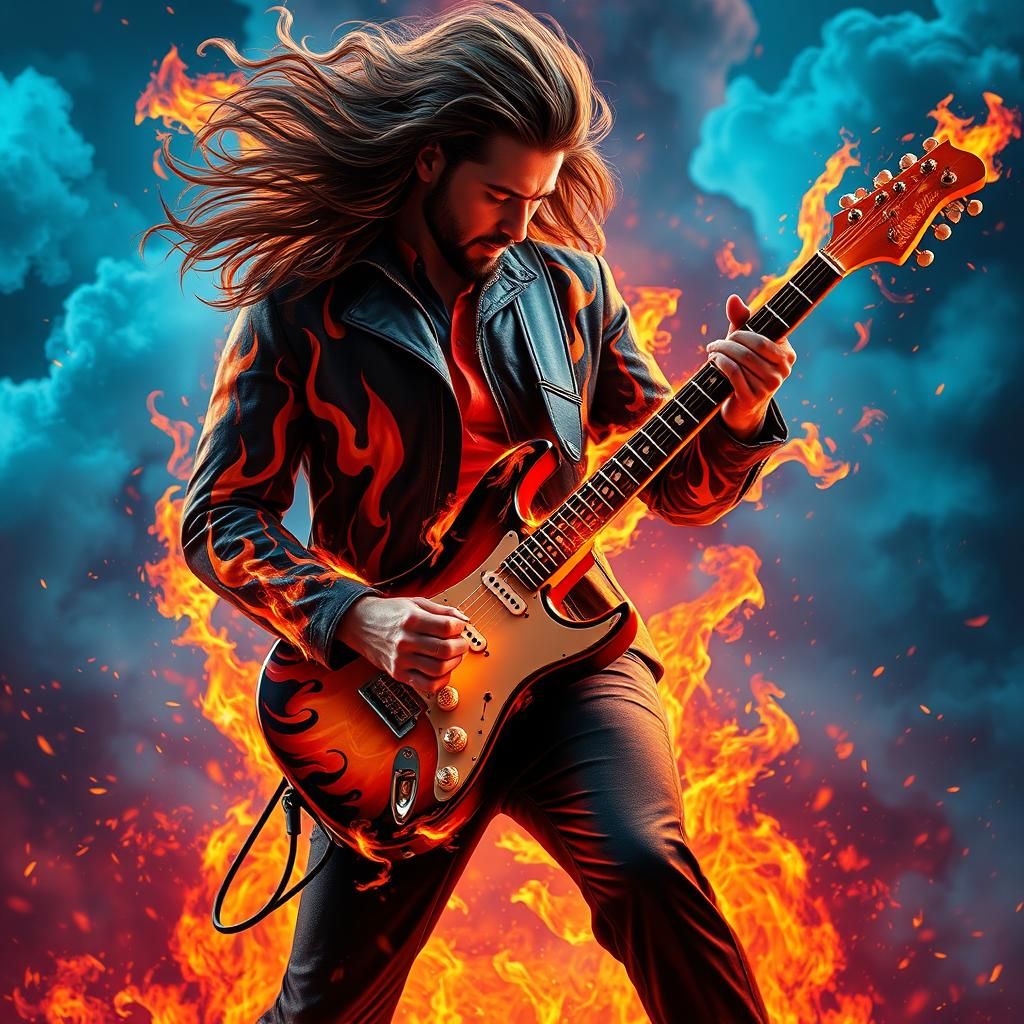Guitarist Ablaze: Fiery Solo in Fantasy Art Style