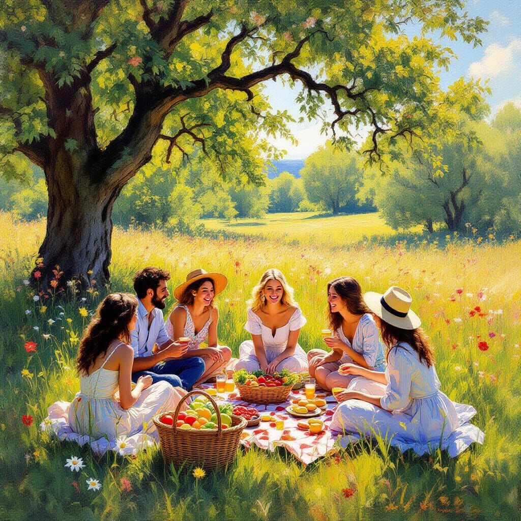Joyful Picnic in Sunlit Wildflower Meadow, Impressionist Sty...