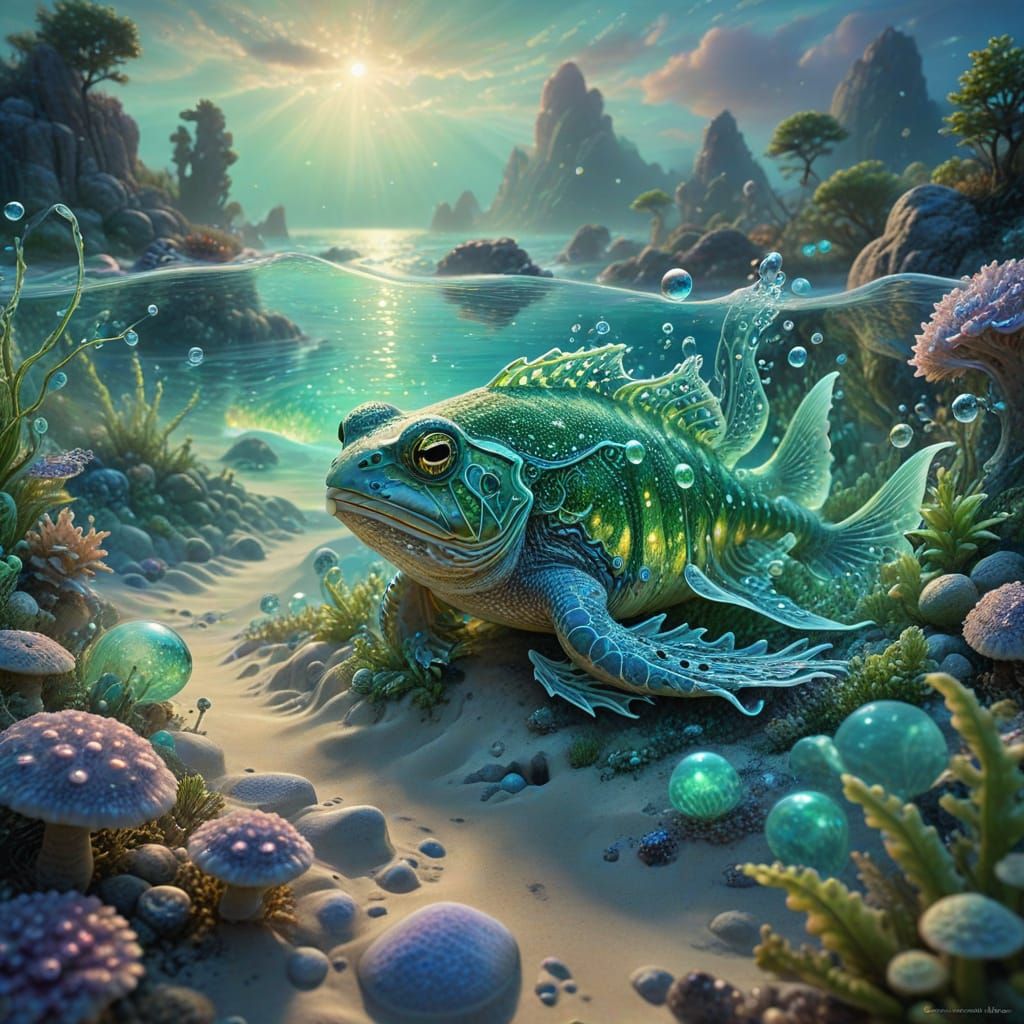 Mystical Oceanic Wonderland with Toad-Fish and Iridescent Co...