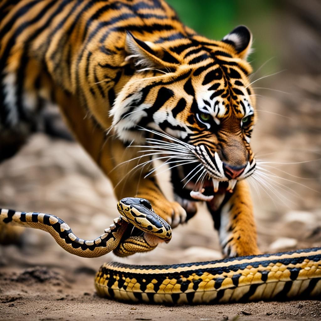 Tiger Fighting Snake: Professional Photography