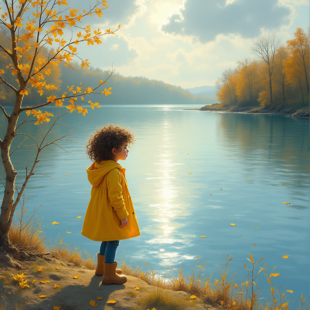 Girl by Lake in Autumn, Impressionistic Style