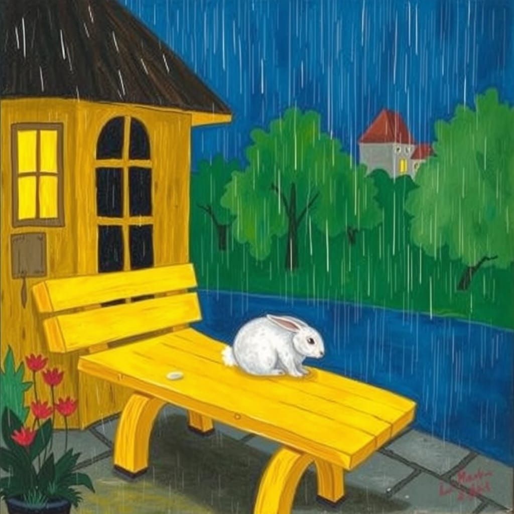 Autumn Night Scene with Wet Rabbit on Bench