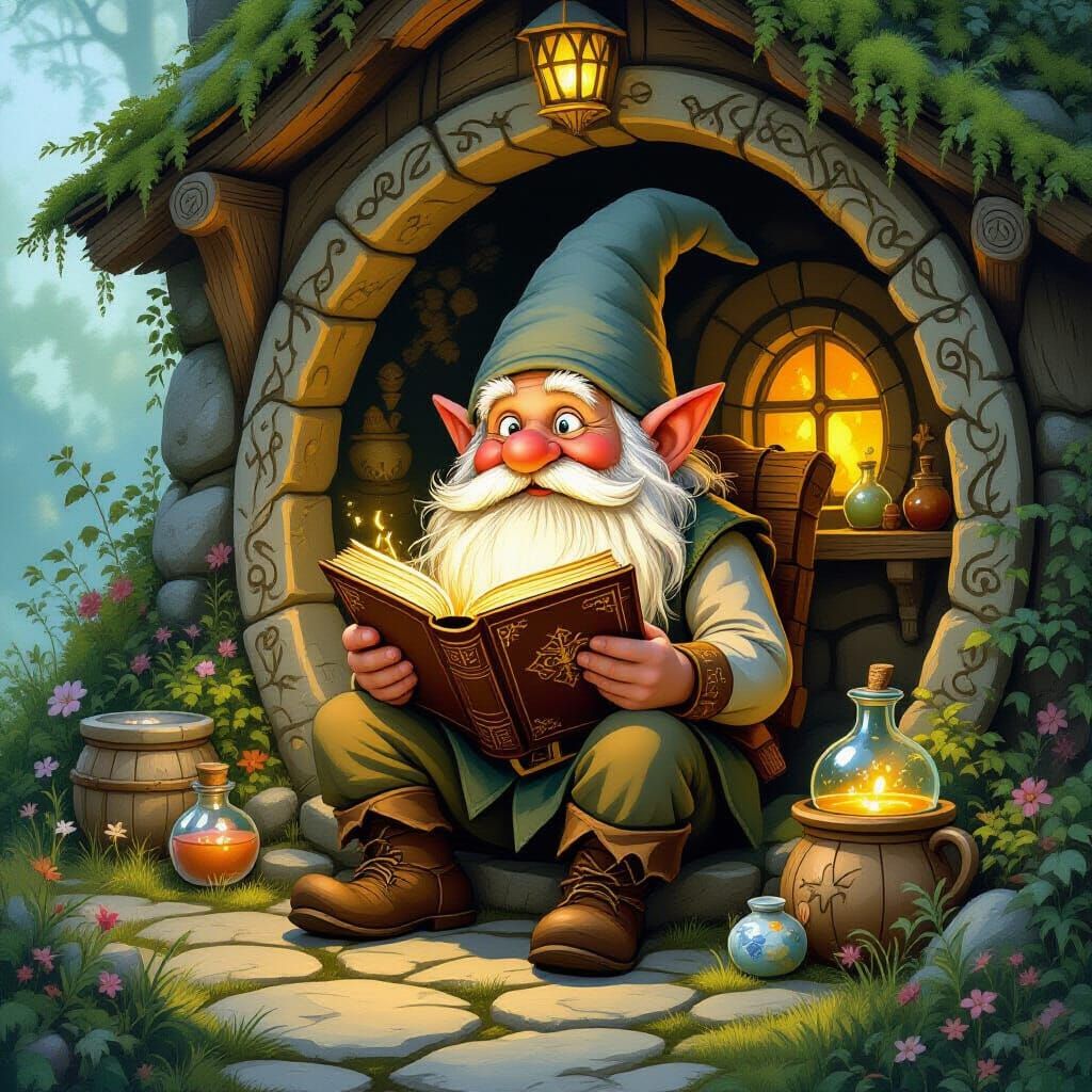 Wise Gnome Reading Ancient Tome in Magical Burrow
