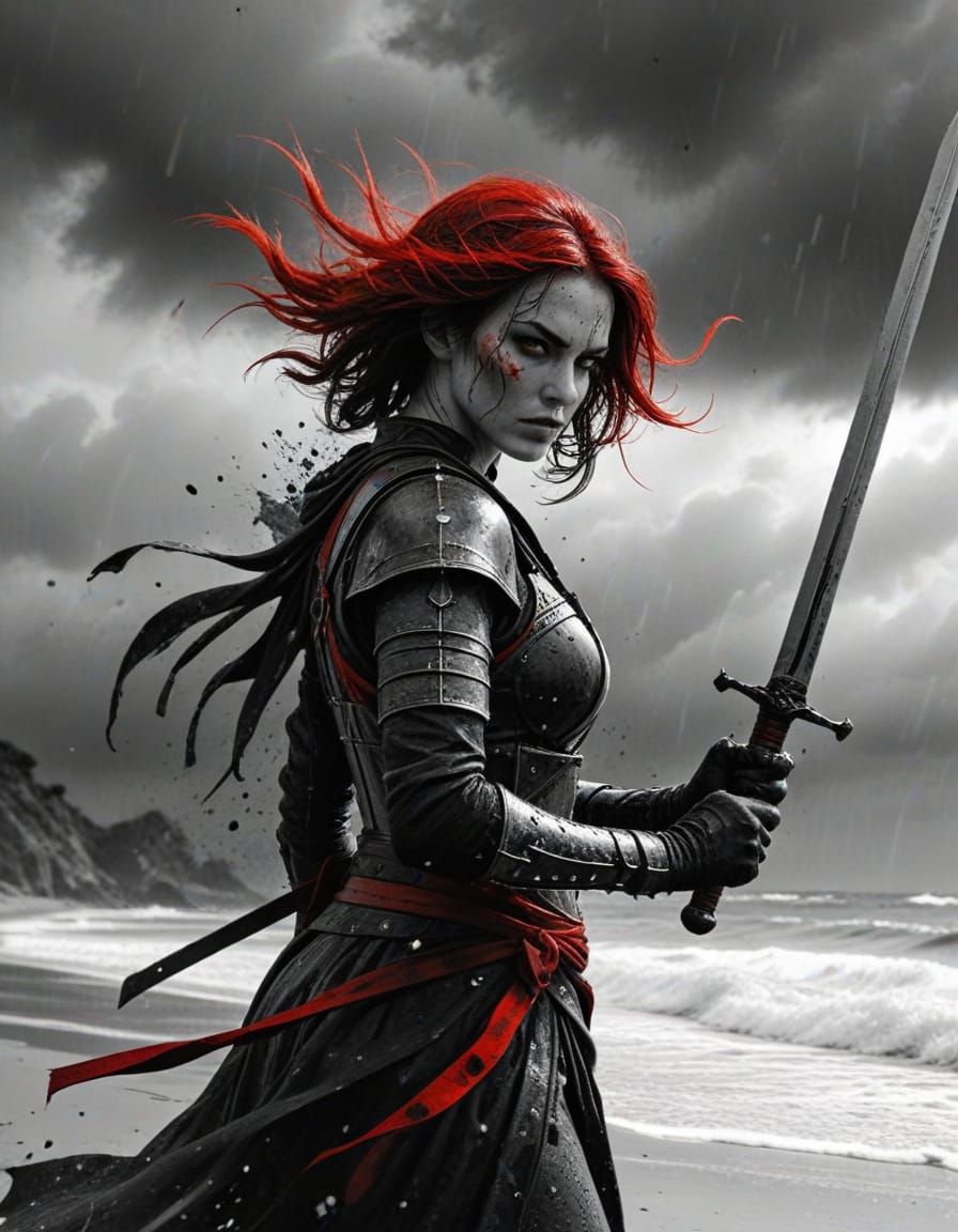 Fantasy Woman Wields Sword on Beach, Ink Illustration