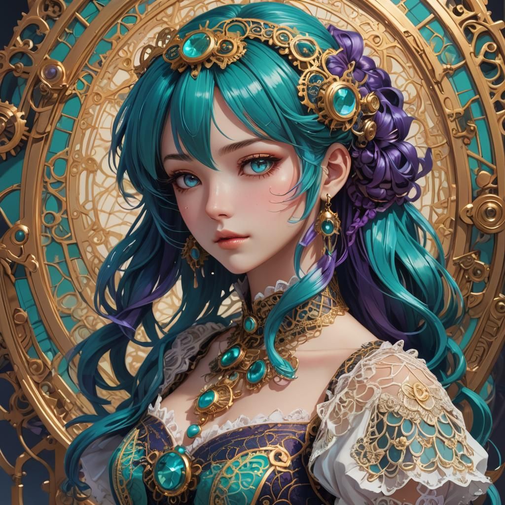 Victorian Anime Girl Portrait with Turquoise Hair
