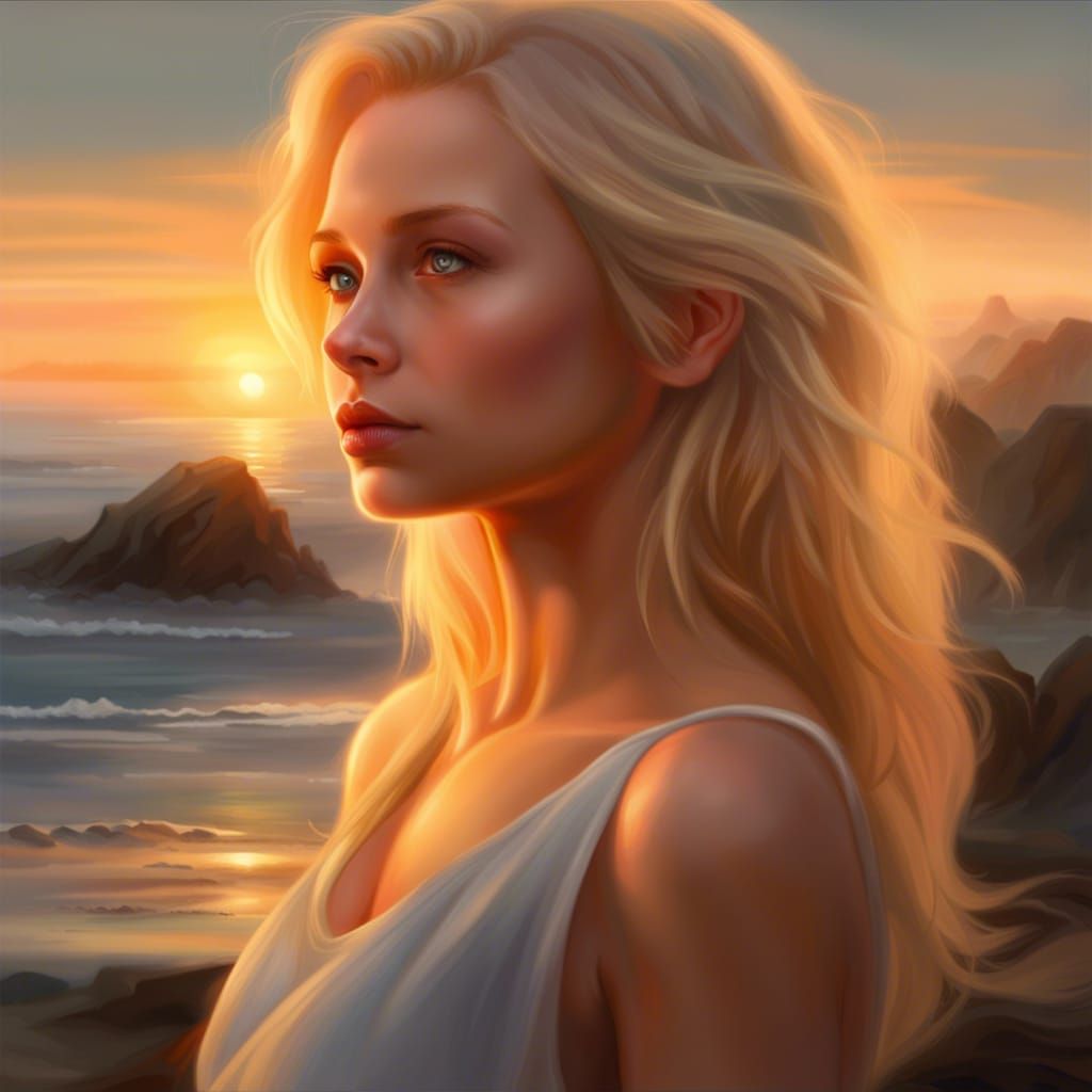 Blonde Woman Gazing at Sunset: Hyperrealistic Concept Art