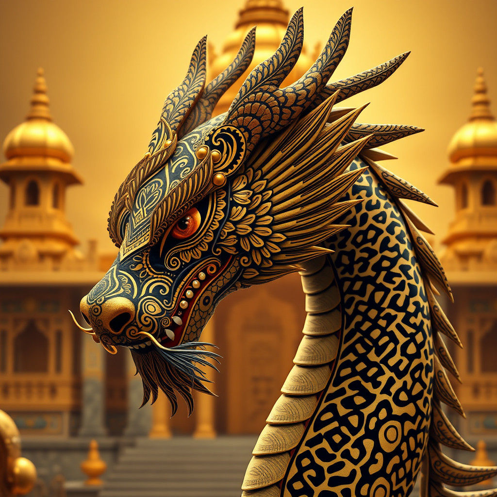 Henna Dragon with Golden Temple in Art Deco Style
