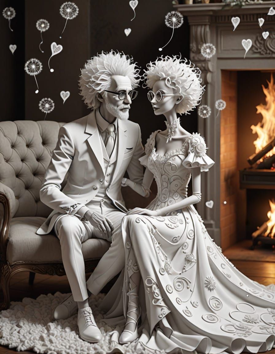Whimsical Monochrome Dandelion Couple in Cozy Winter Wonderl...