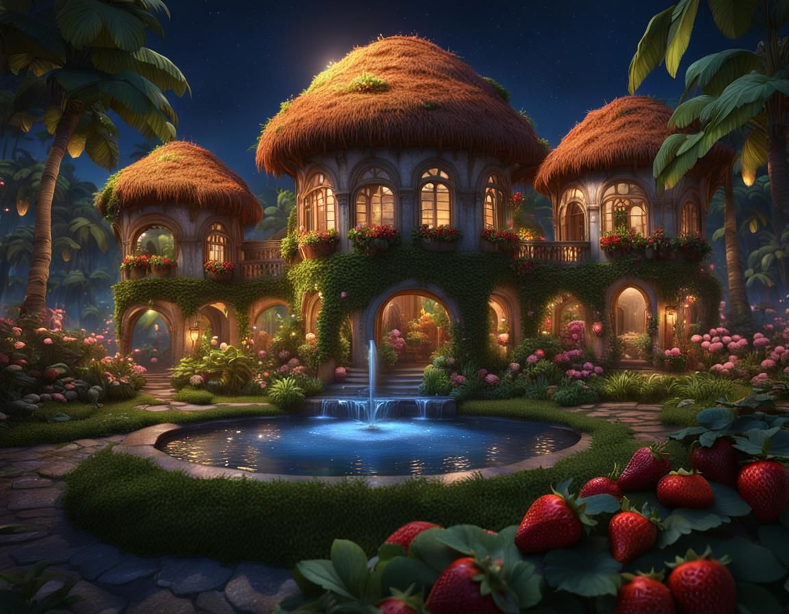 Coconut Houses Shimmering in Night, Fantasy Concept Art