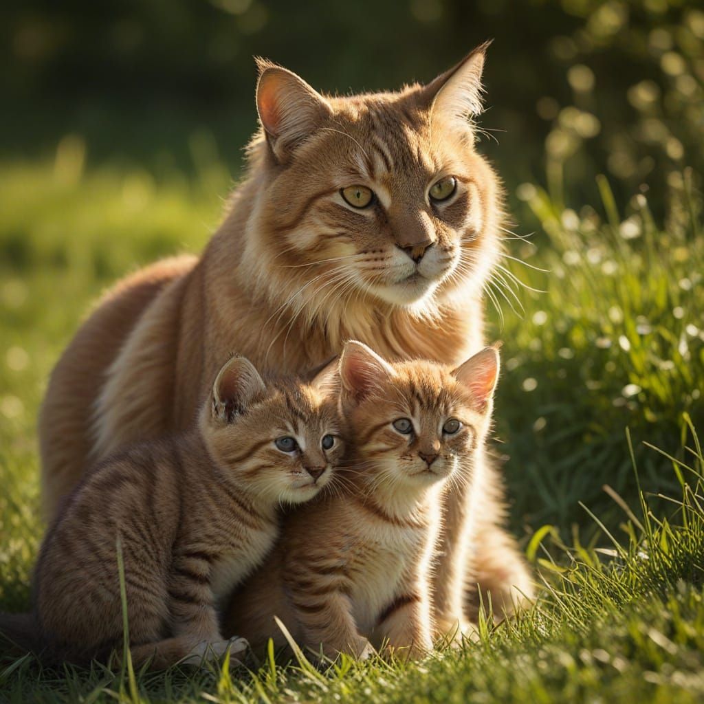 Majestic Red Mother Cat and Puppies in Sunlit Meadow