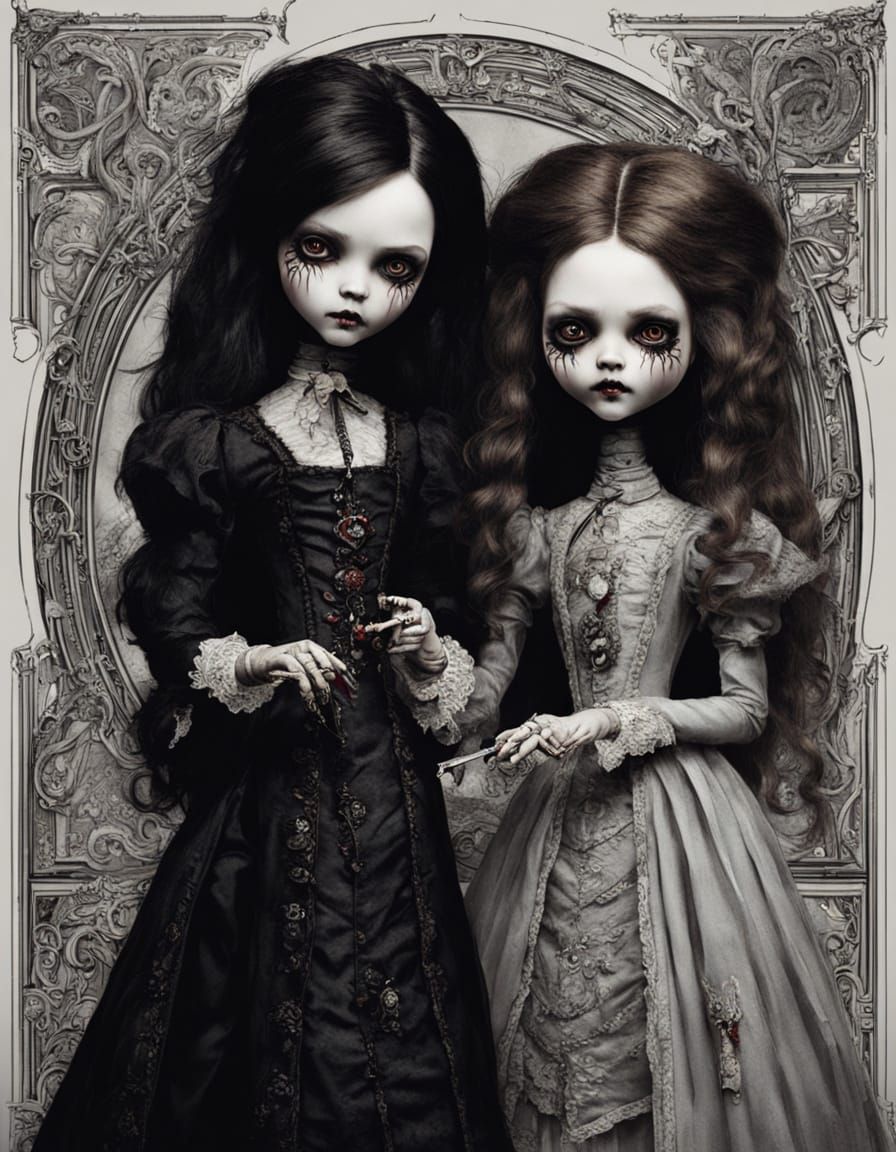 Victorian Goth Vampire Dolls in Horror Room
