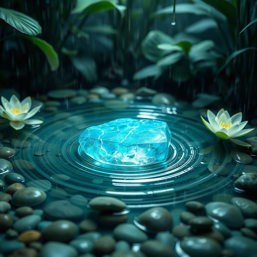 Glowing Blue Aquacryte in a Serene Shallow Pool