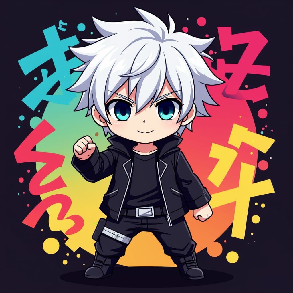 Chibi Anime Boy in Black Clothing with White Hair