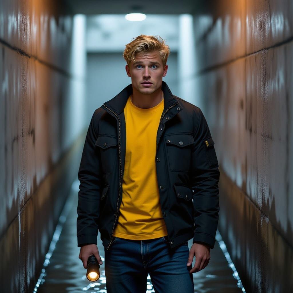 Surprised Man in Dark Storm Drain with Flashlight