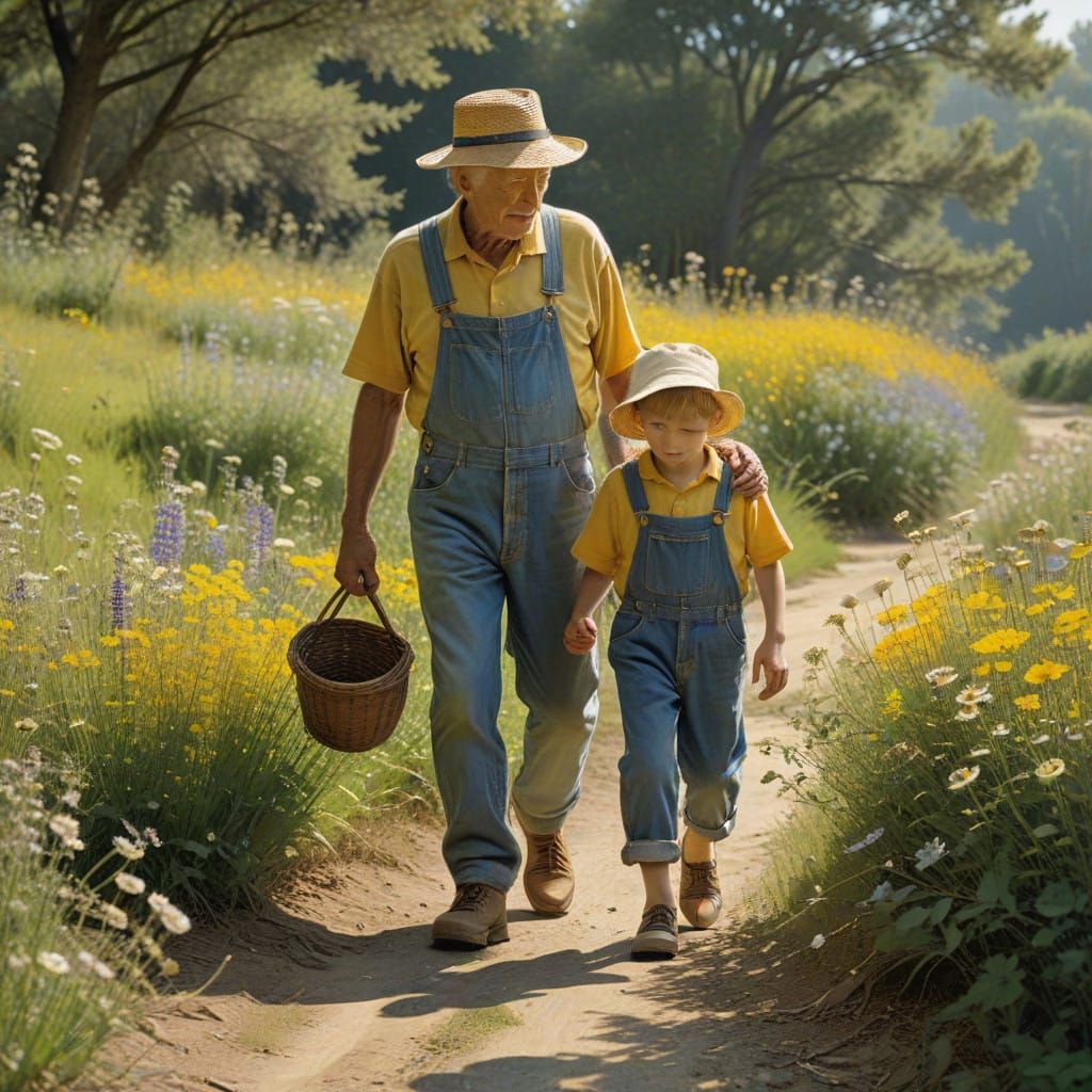 Elderly Gentleman Strolls with Young Boy through Whimsical W...