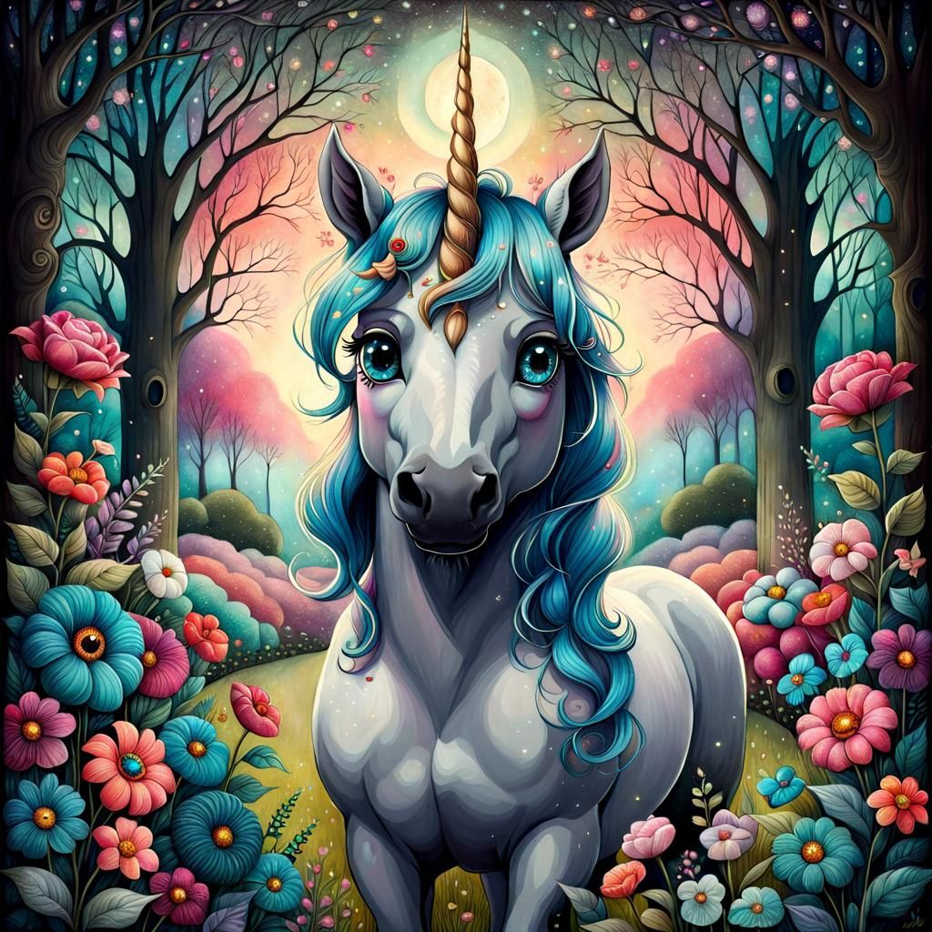 Unicorn in Garden: Fantastical Dreamlike Drawing