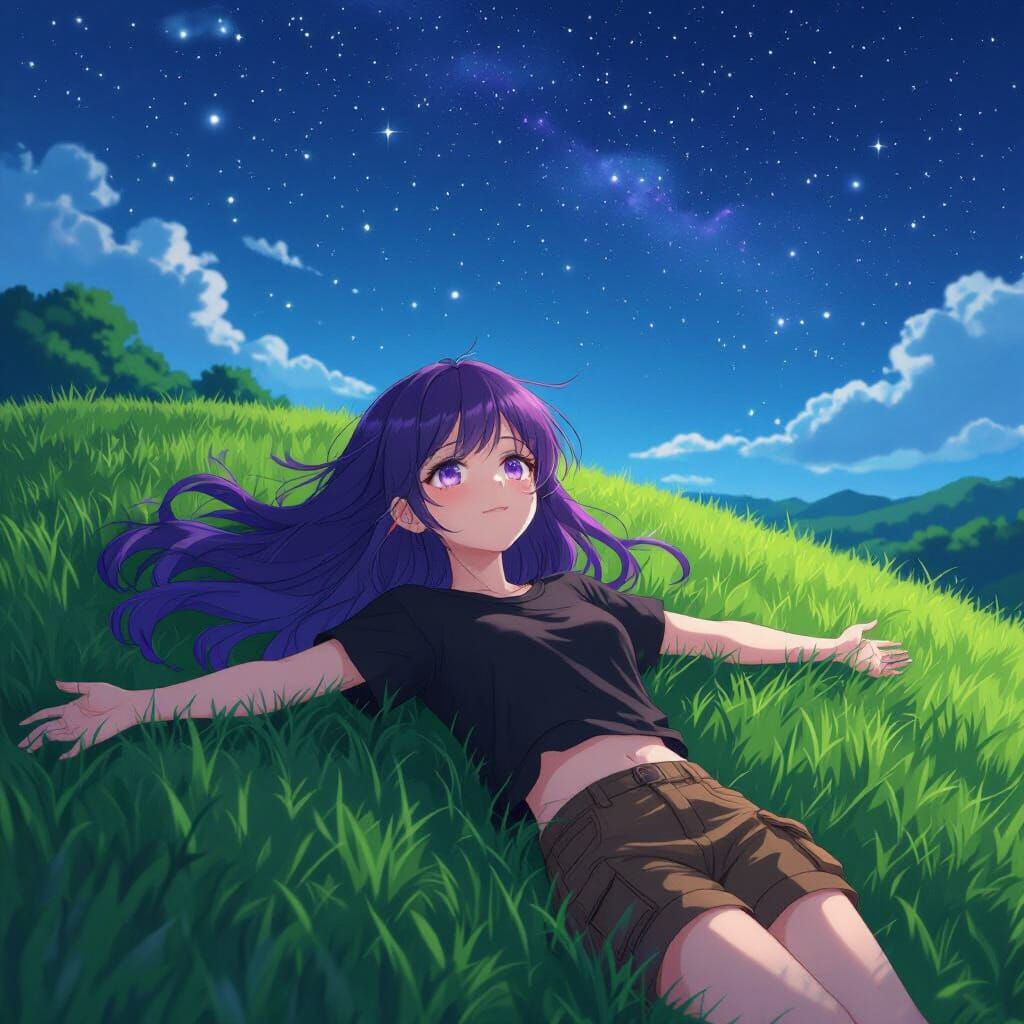 Anime Girl with Purple Hair Gazing at Stars