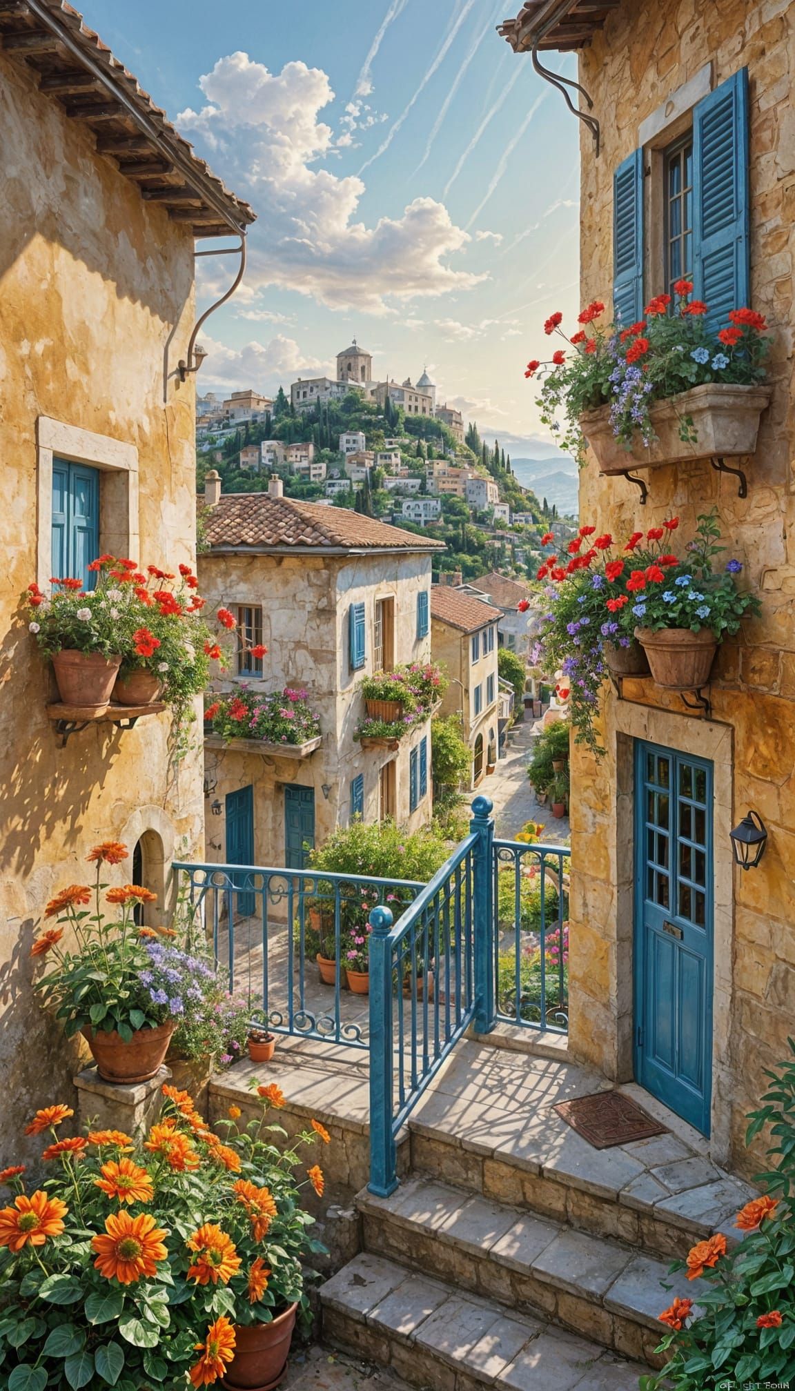 Whimsical Greek Village in Vibrant Watercolor Style