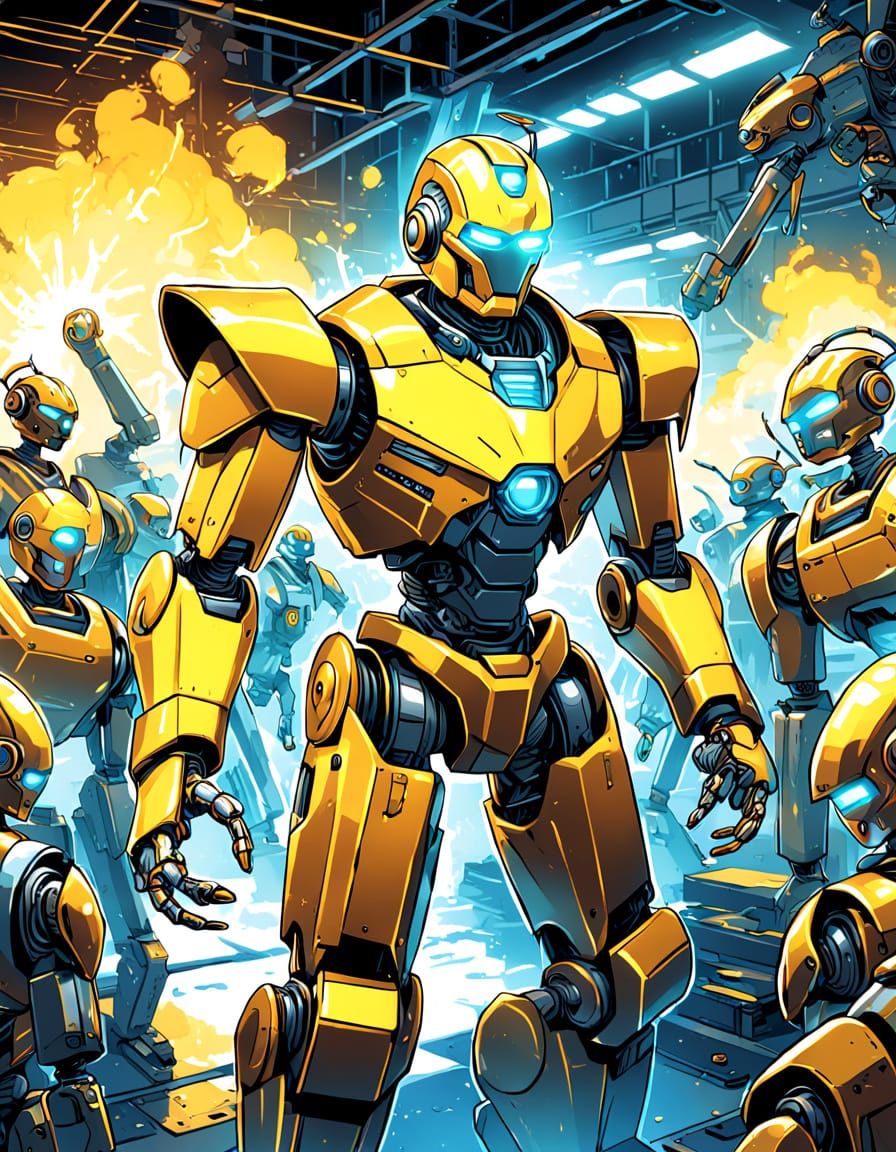 Golden Robot Emerges from Factory in Industrial Sci-Fi Comic...