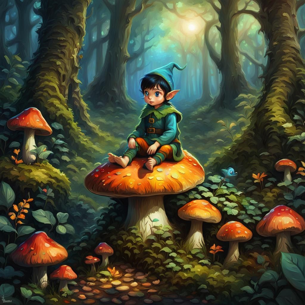 Baby Elf in Lush Forest, Art Nouveau Oil Painting