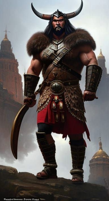 Barbarian Gladiator with Bull Mask, Titian Style