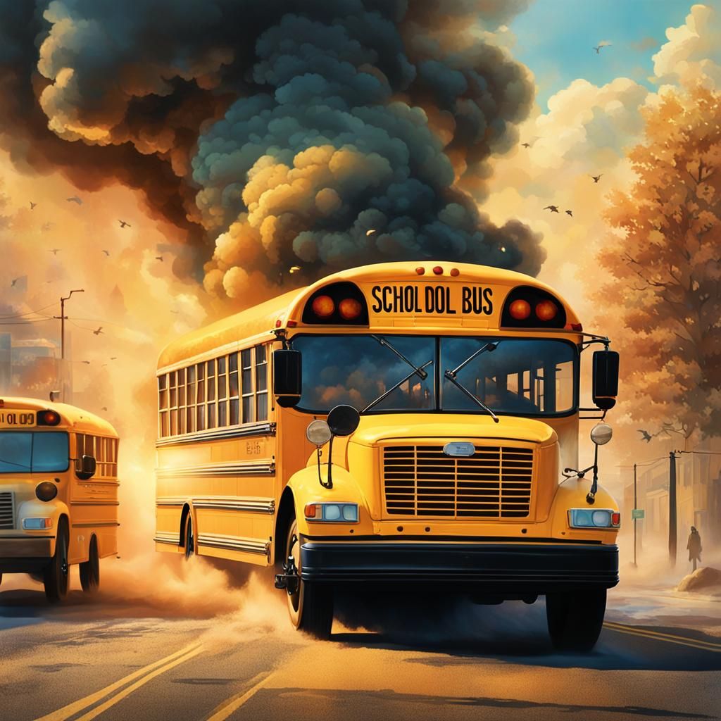 Yellow School Bus with Smoke, Hyperrealistic Splash Art