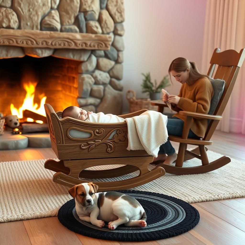 Serene Newborn Scene by Fireplace in Disney Style
