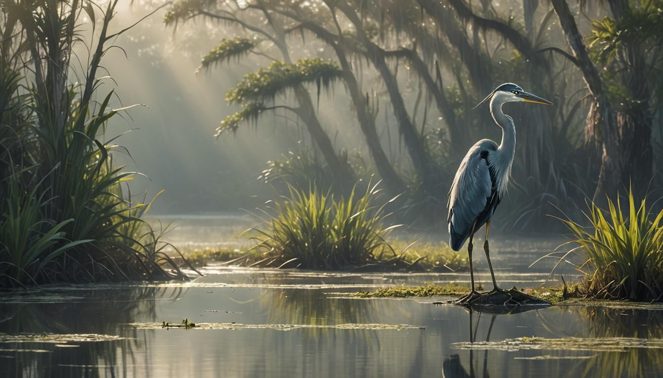 Heron in Everglades Wetlands: Photorealistic Wildlife Art