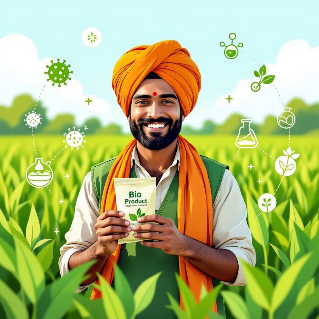 Indian Farmer Promoting Bio Products in Cartoon Style