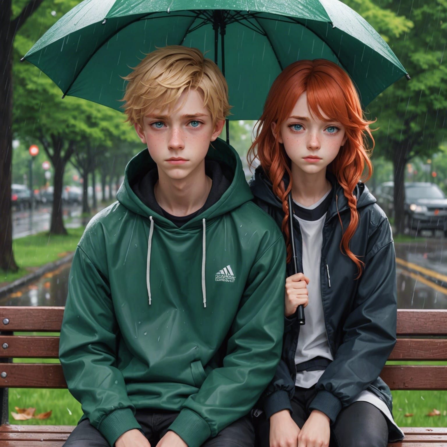 Sad Boy Portrait in Rainy Park, Anime Style