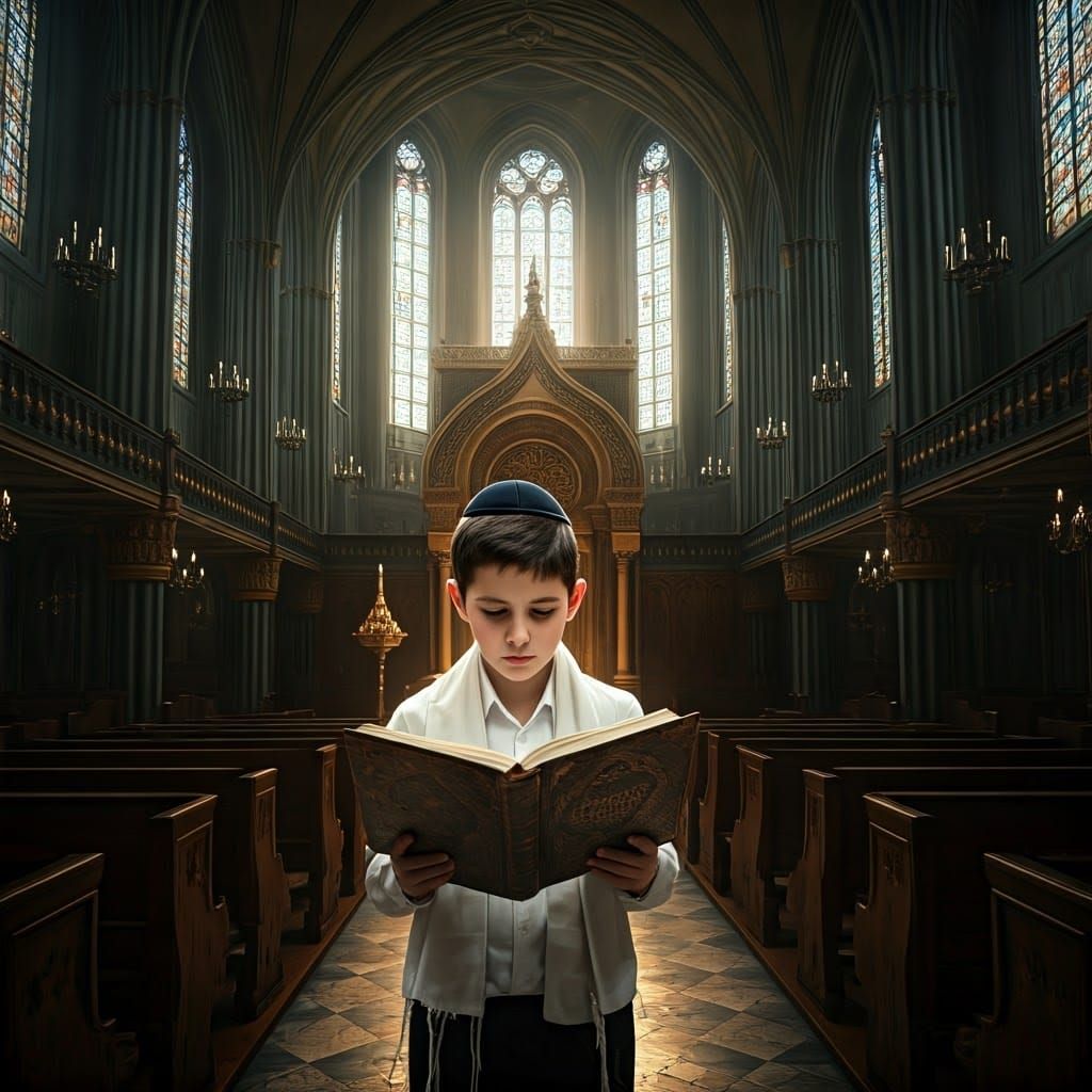 Young Boy Praying in Synagogue, Fantasy Concept Art