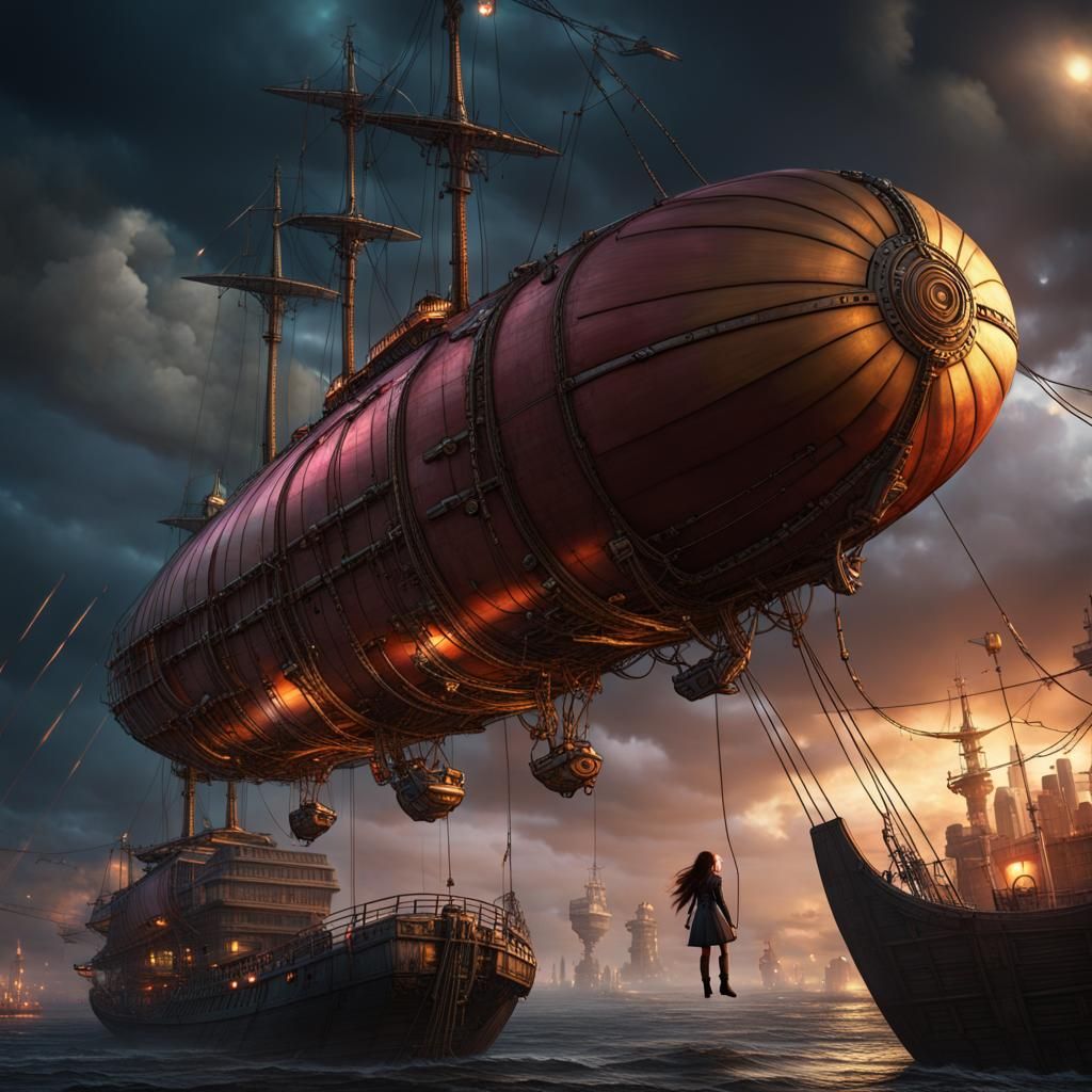 Cyberpunk Zeppelin in Stormy Sky with Girl