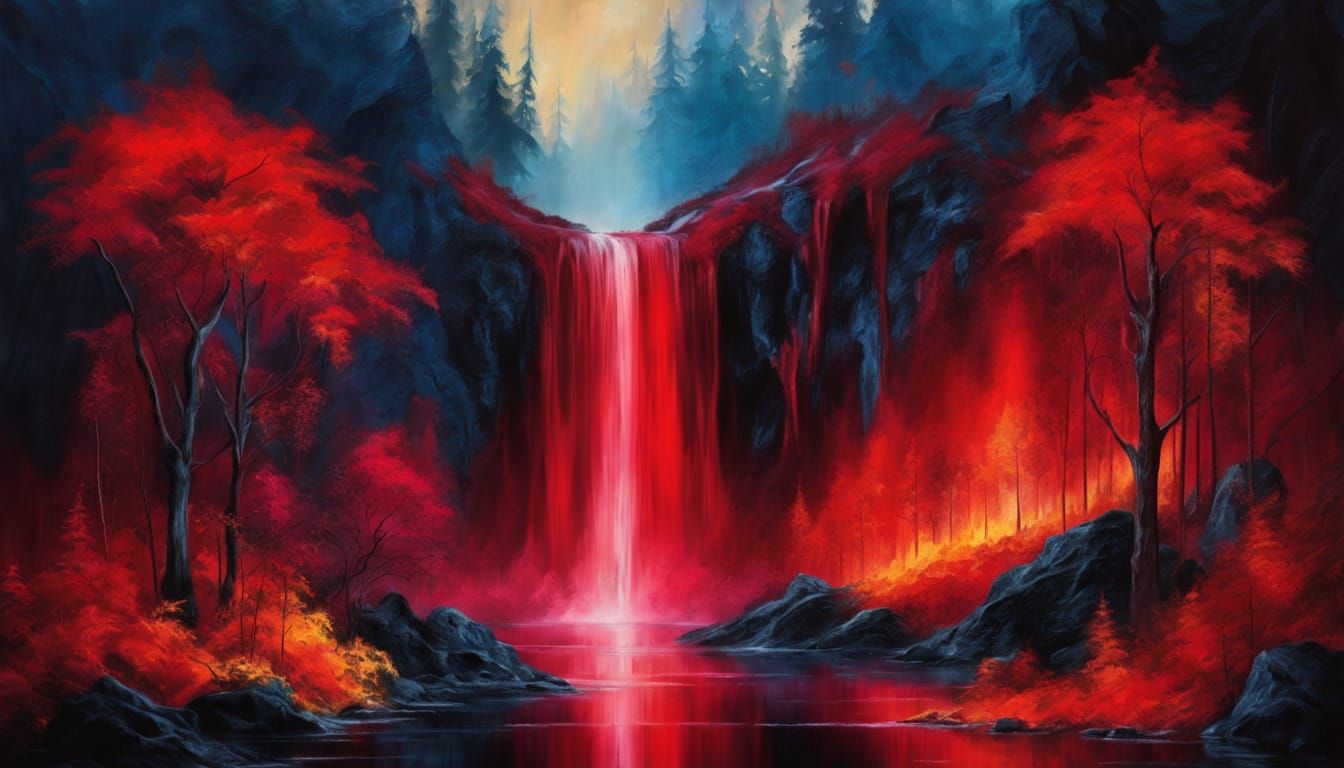 Surreal Landscape Unveiled by Fiery Cascade in Oil Painting