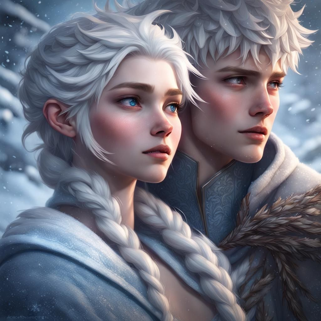 Jack Frost and Elsa in Winter Blizzard, Digital Art
