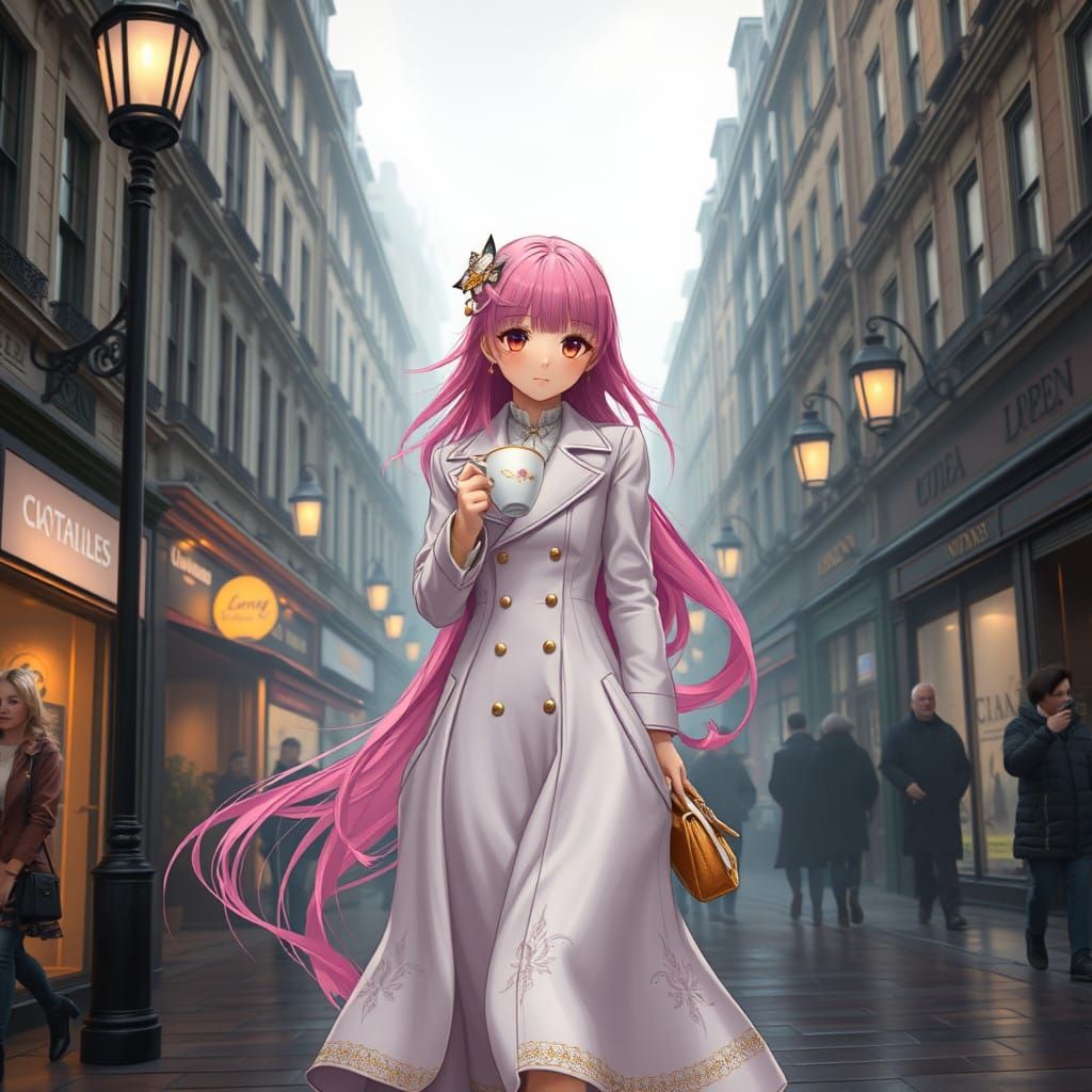 Fantastical London Street Scene with Anime Girl in White Coa...