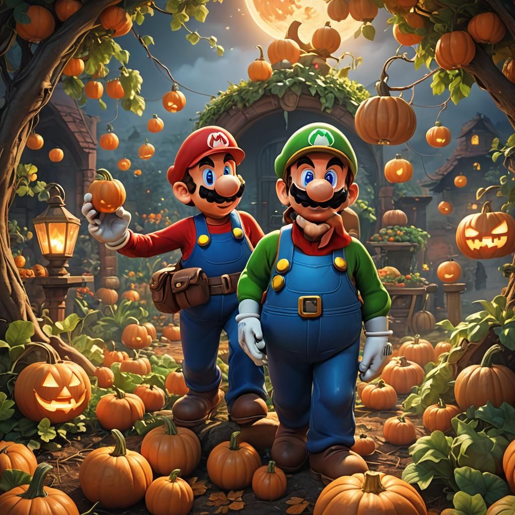 Mario and Luigi in a Pumpkin Patch: Anime-Inspired 3D Art