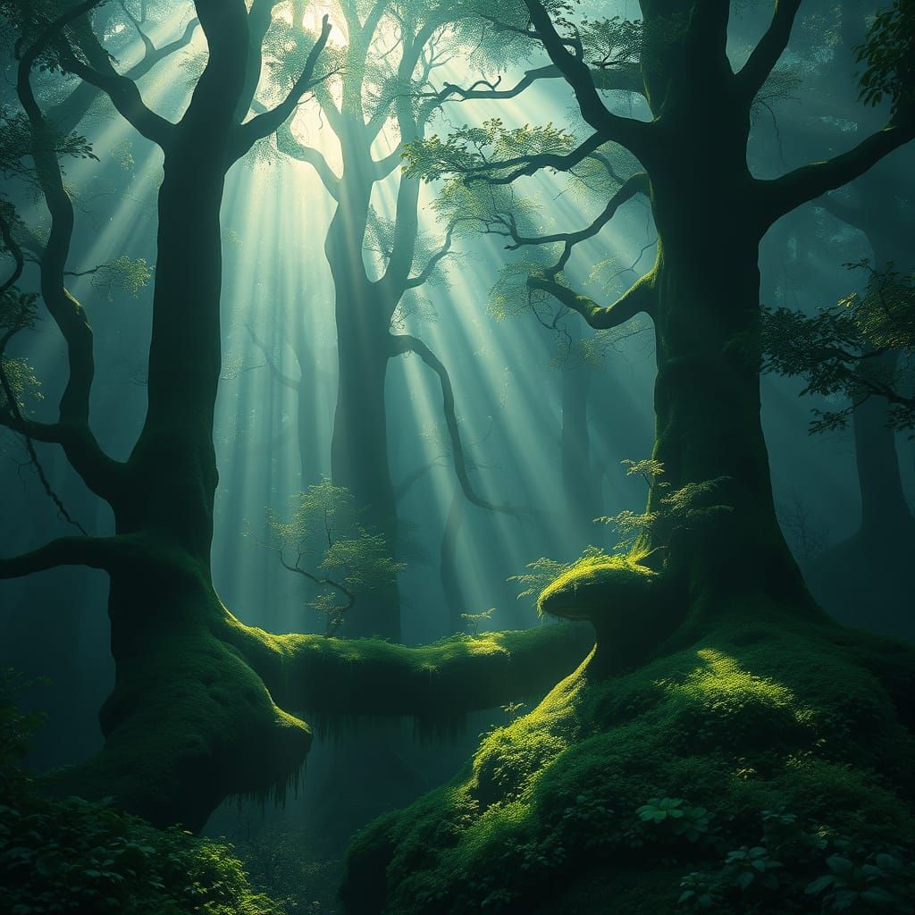 Mystical Forest in Ethereal Mist with Dappled Sunlight