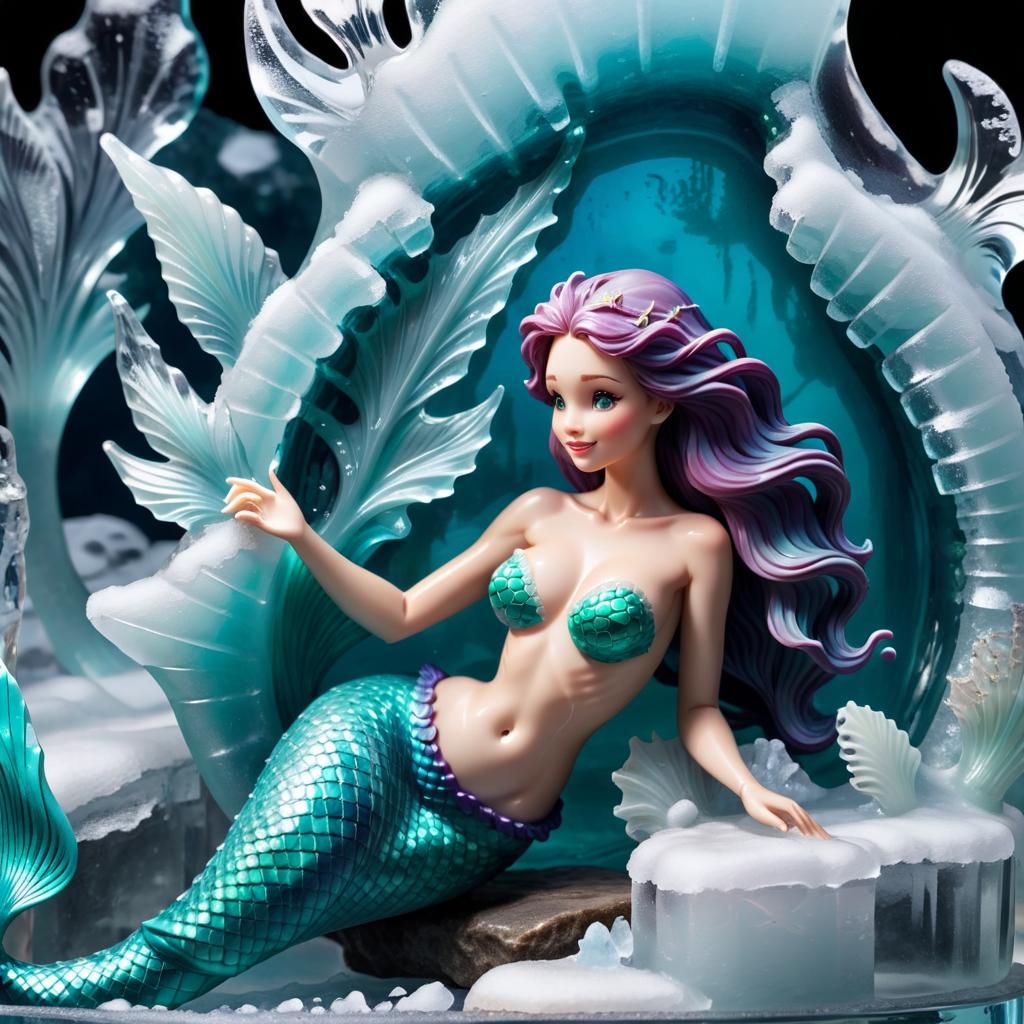 Detailed Translucent Ice Mermaid Sculpture in 4K