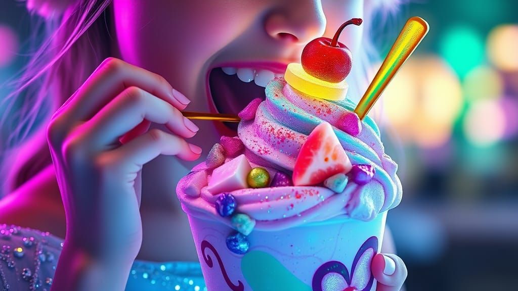 Girl with Holographic Ice Cream Sundae in Matte Painting Sty...