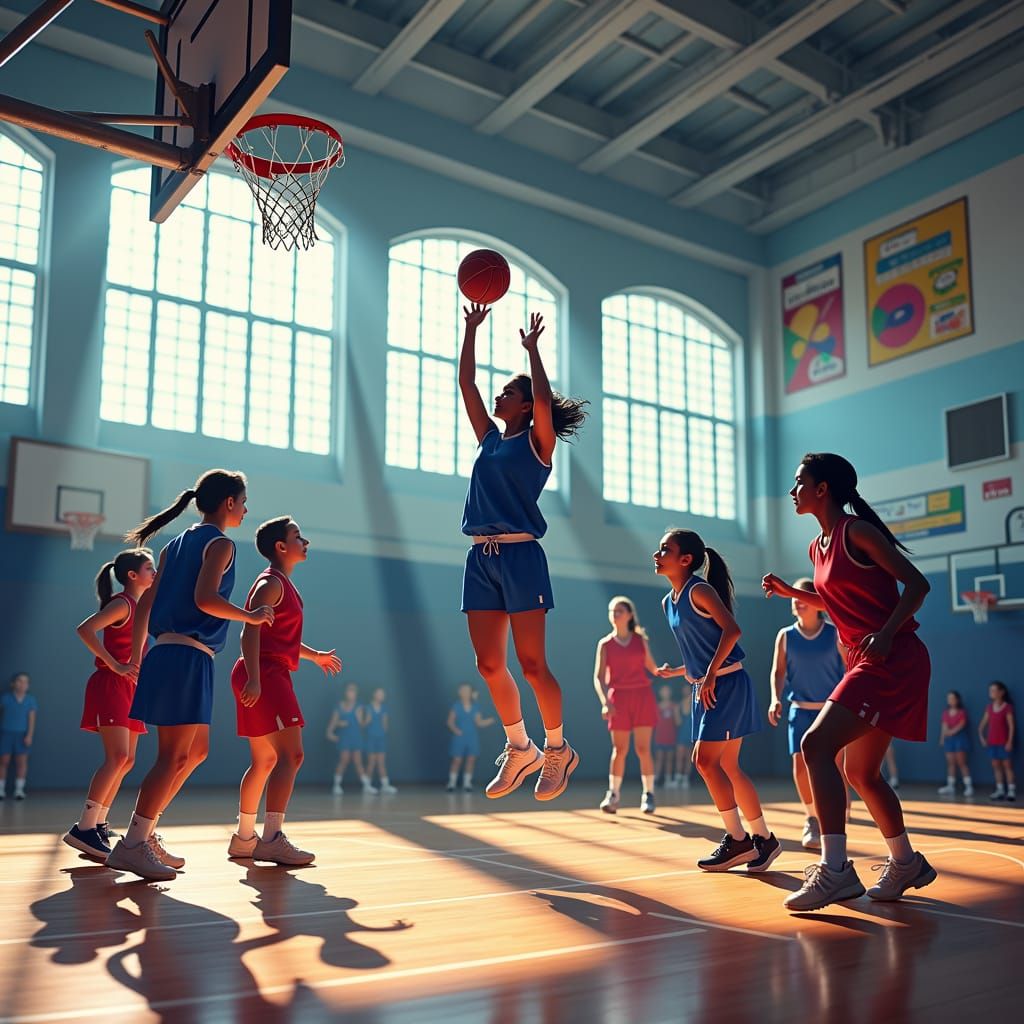 Basketball School Girls in Gym with Vibrant Colors