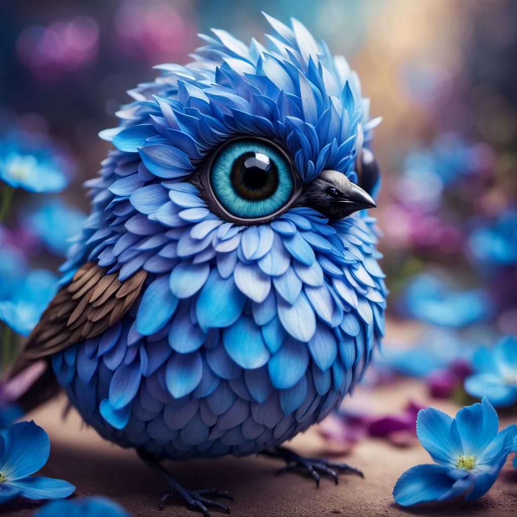 Blue Petal Bird: Hyperrealistic Floral Art