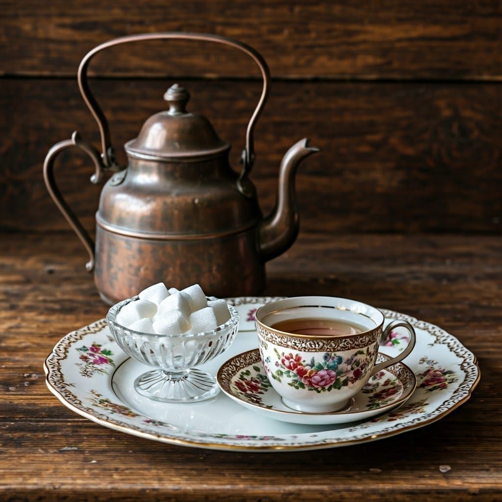 Vintage-Style Tea Service in Whimsical Still Life