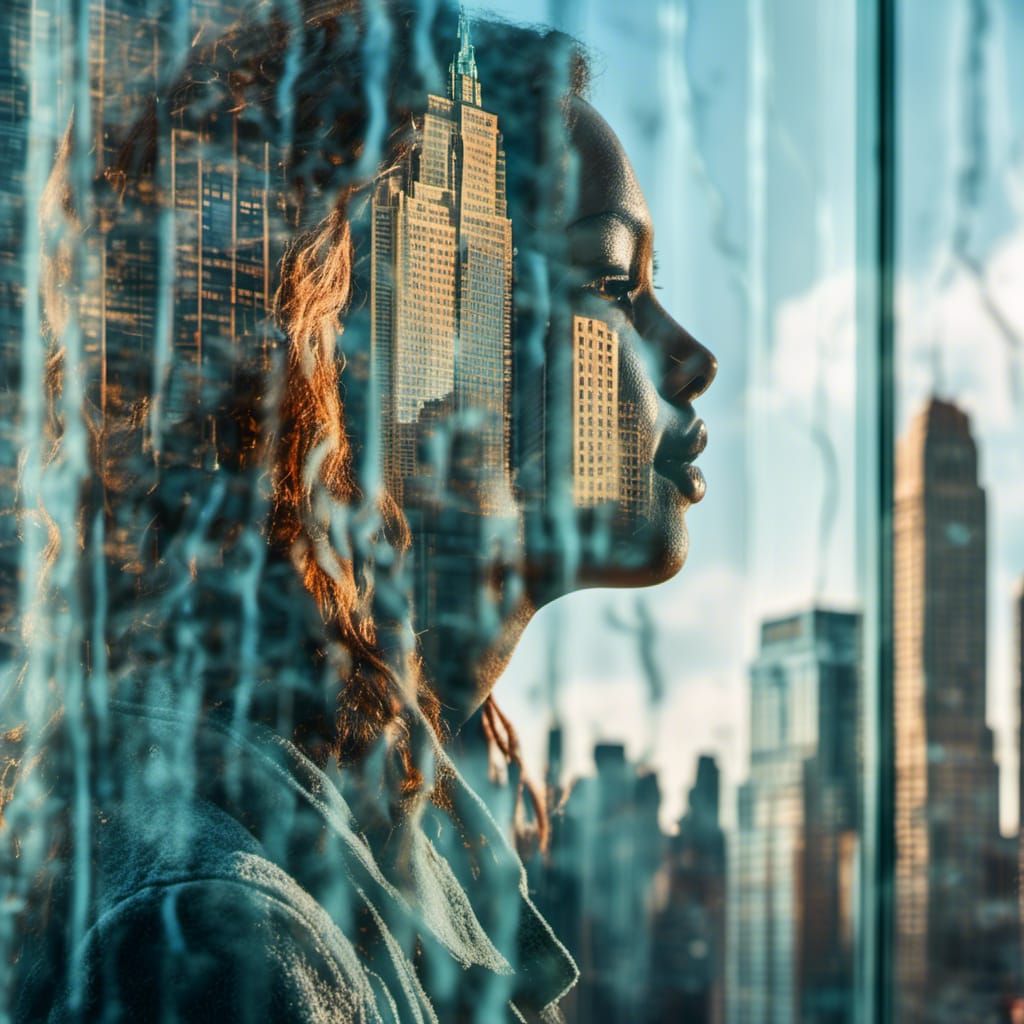 Woman's Reflection in Mirrored Skyscraper, Full Color