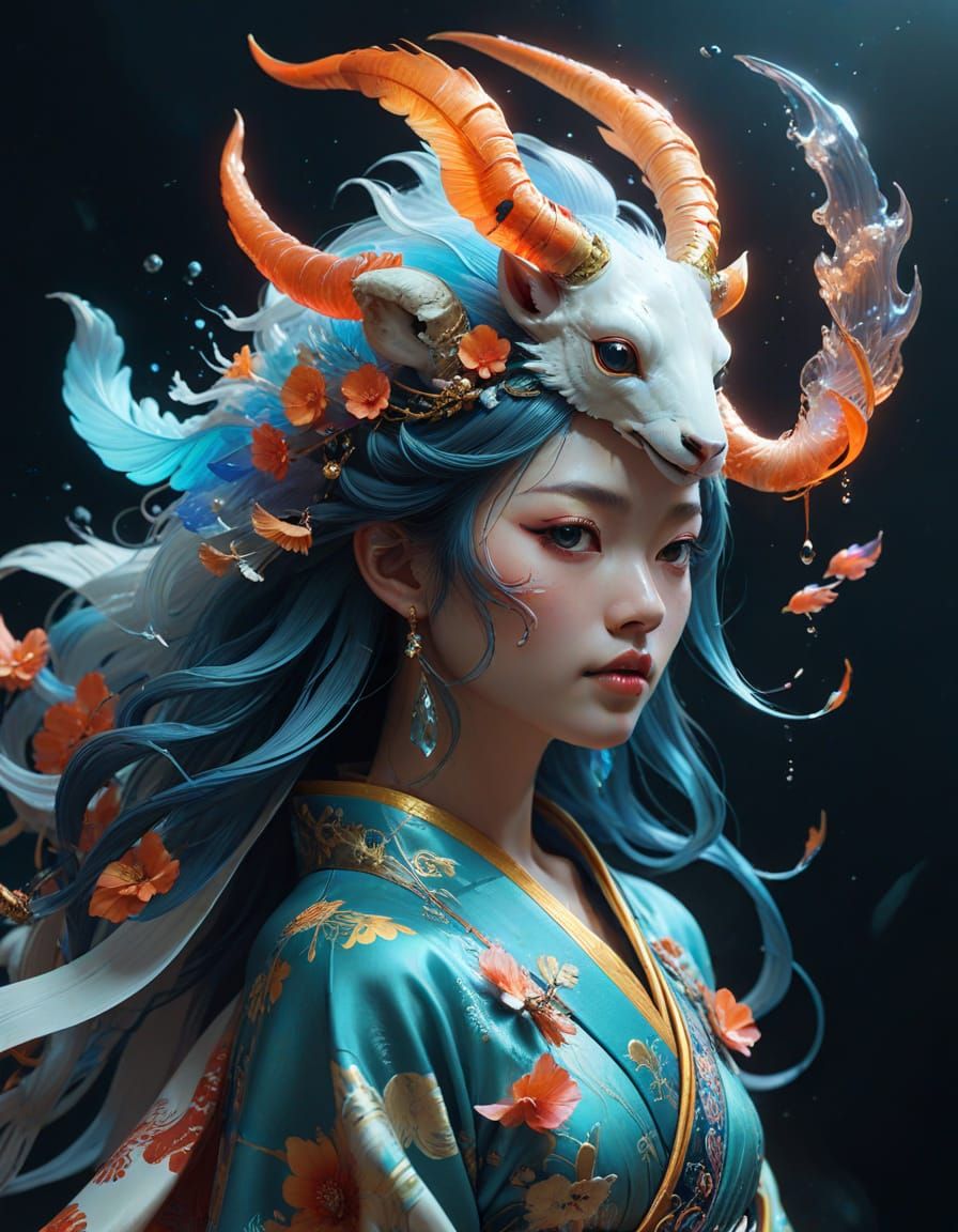 Goddess with Kitsune Mask in a Digital Art Style