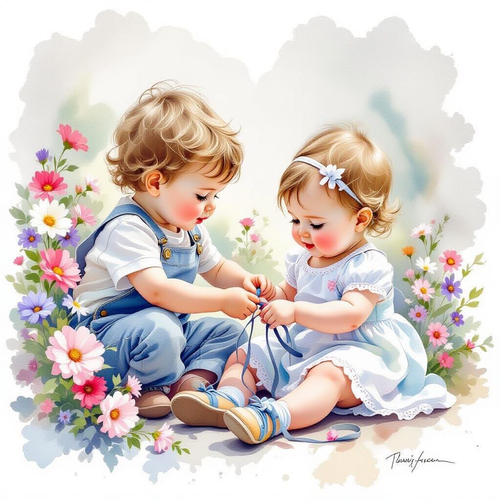 Brother Helps Sister Tie Shoes Macro Watercolour