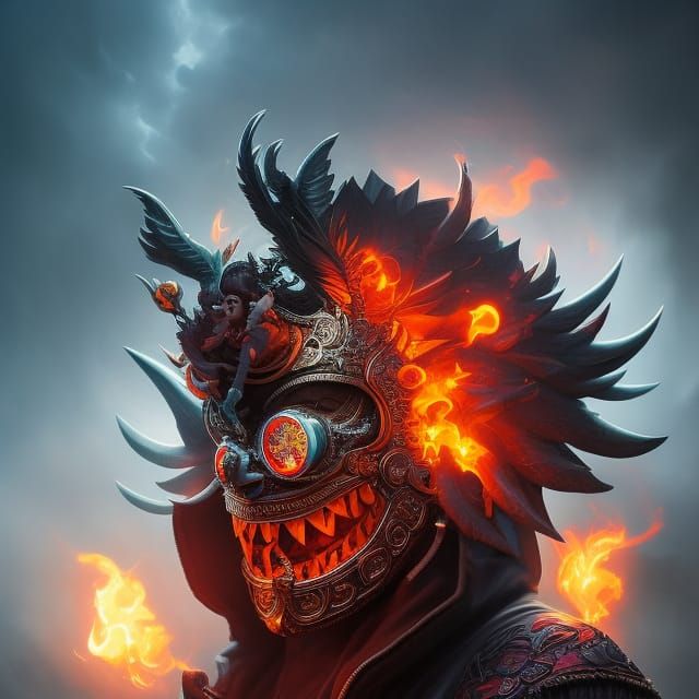 Oni Mask Portrait with Flames and Crystal Skull